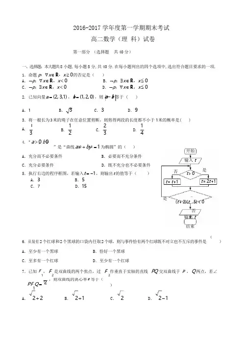 2016-2017学年高二上学期期末考试数学理试题 Word版含答案