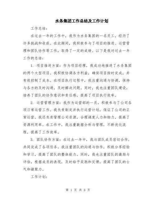 水务集团工作总结及工作计划
