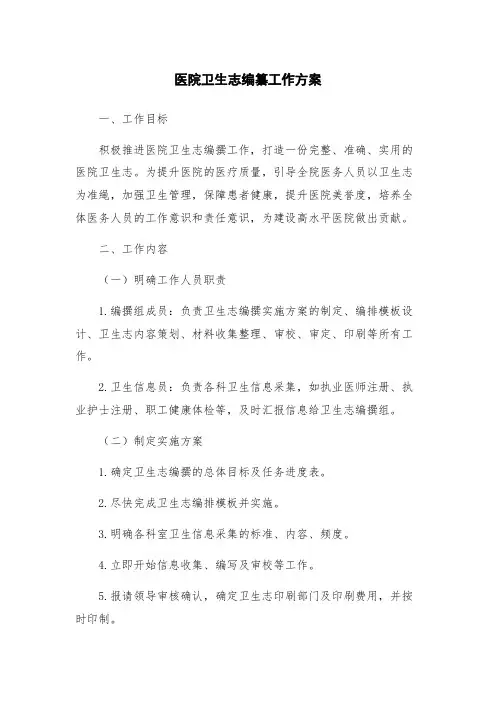医院卫生志编纂工作方案