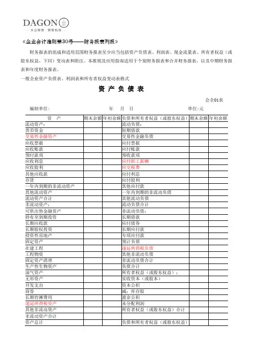 财务报表标准格式-完整版