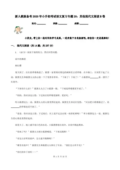 新人教版备考2020年小升初考试语文复习专题20：其他现代文阅读B卷