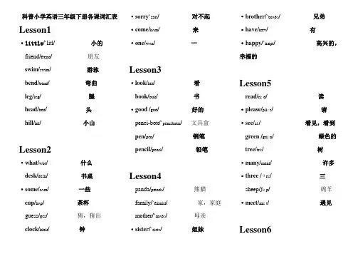 科普第3册英语各课词汇表(带音标)
