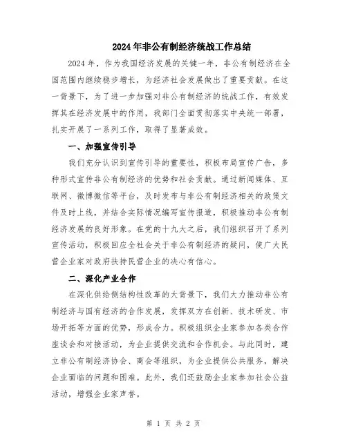 2024年非公有制经济统战工作总结