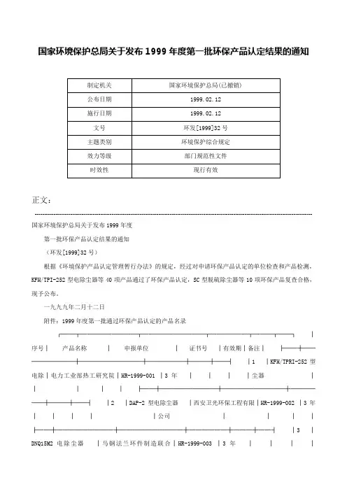 国家环境保护总局关于发布1999年度第一批环保产品认定结果的通知-环发[1999]32号