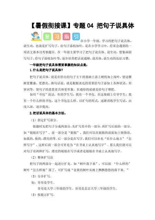 2023年小学新二年级语文暑假衔接学习专题4 把句子说具体