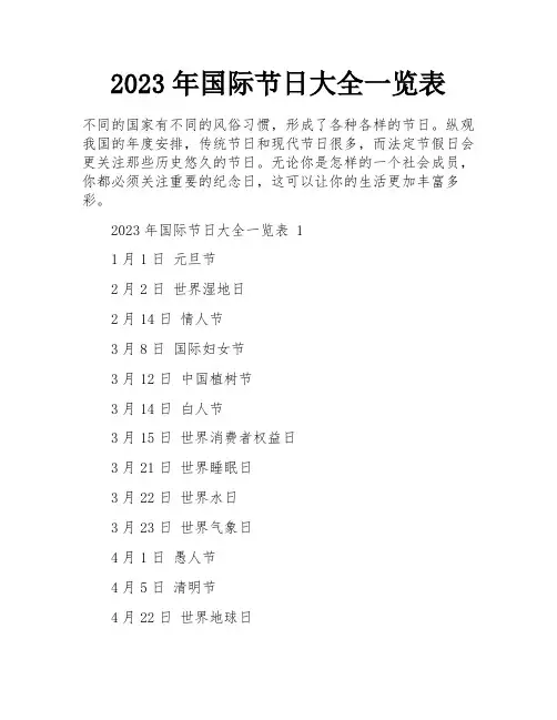 2023年国际节日大全一览表