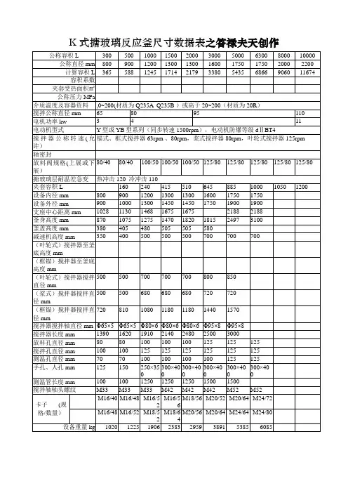 K式搪玻璃反应釜尺寸数据表