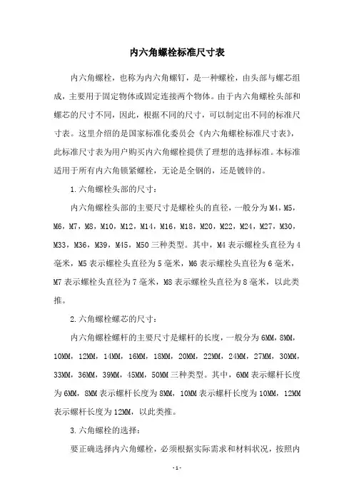 内六角螺栓标准尺寸表