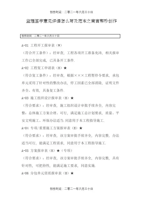 工程监理签字意见评语怎么写及范本格式