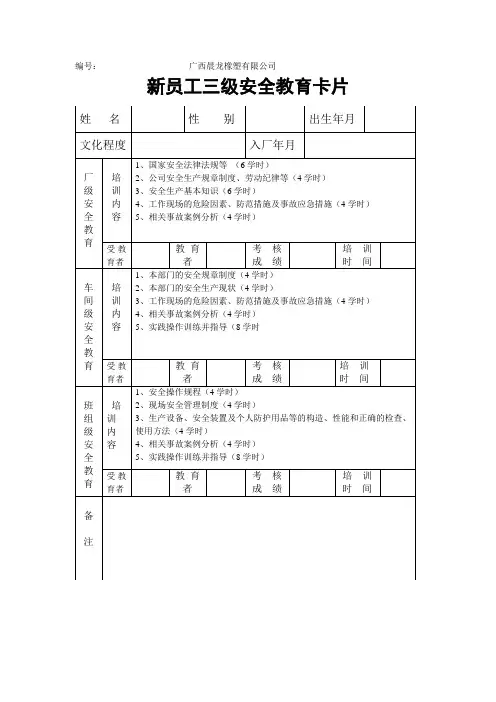 三级安全教育卡、隐患整改单、安全检查表