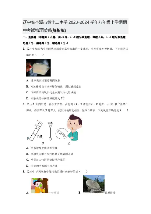辽宁省本溪市第十二中学2023-2024学年八年级上学期期中考试物理试卷(含解析)