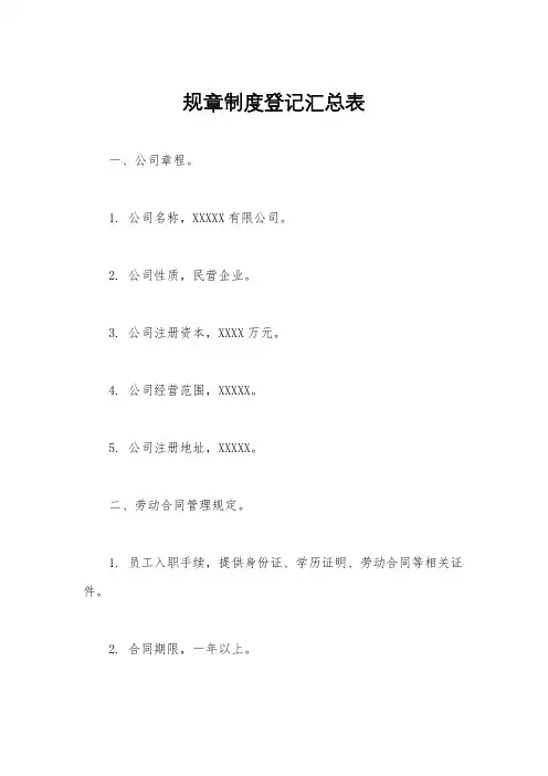 规章制度登记汇总表