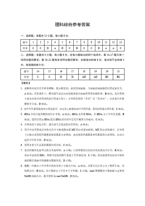 云南师范大学附属中学2024届高三下学期月考(七)理综答案