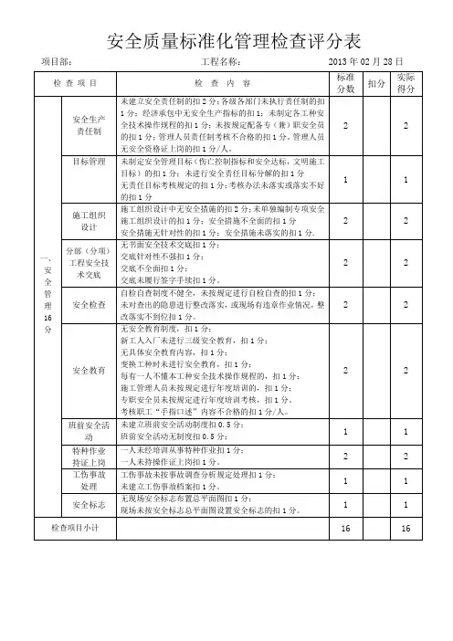安全质量标准化管理检查评分表