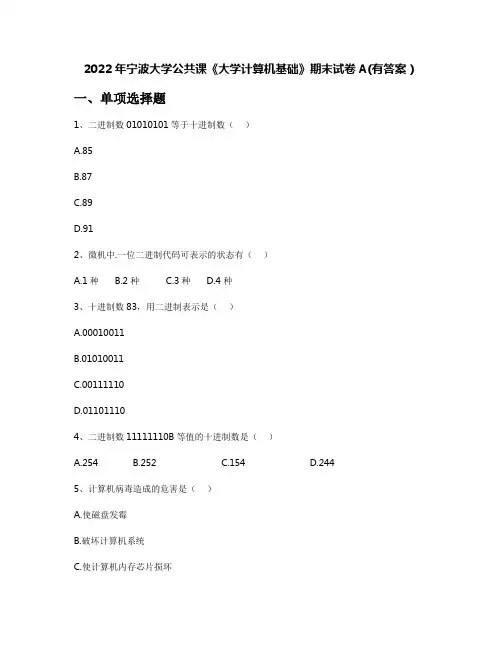 2022年宁波大学公共课《大学计算机基础》期末试卷A(有答案)