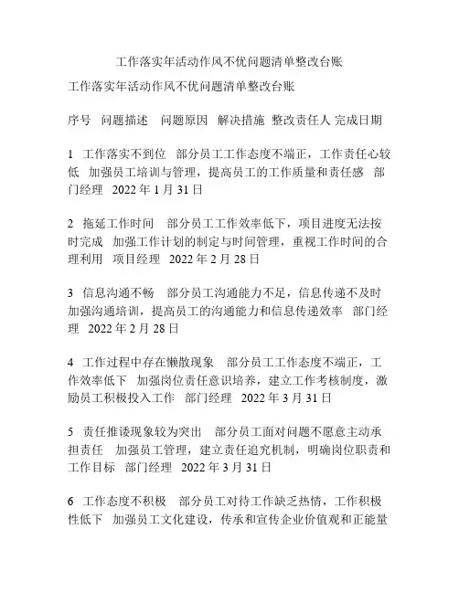 工作落实年活动作风不优问题清单整改台账