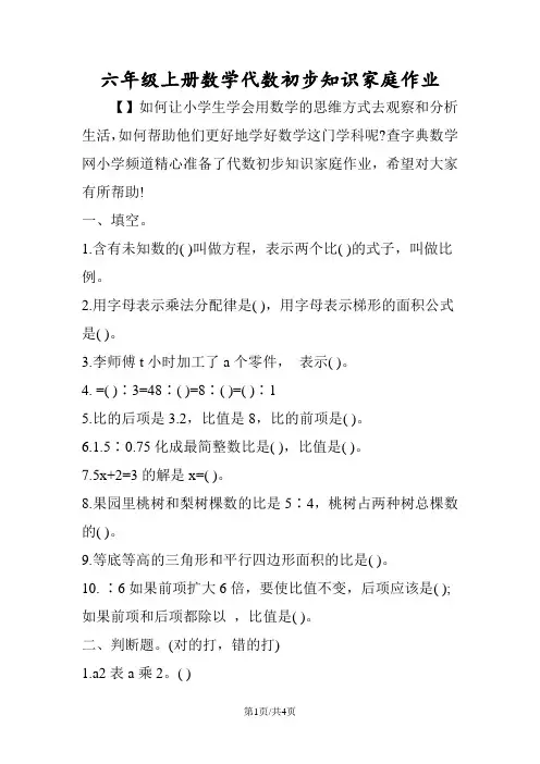 六年级上册数学代数初步知识家庭作业