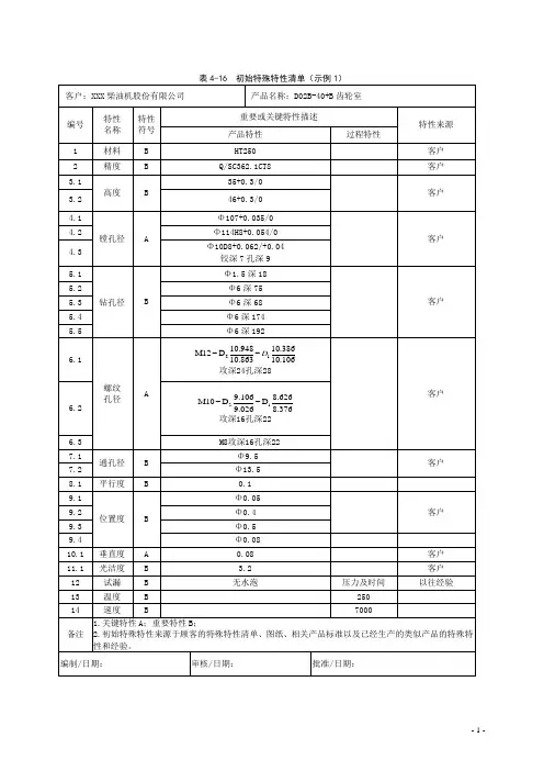 初始特殊特性清单(示例1)