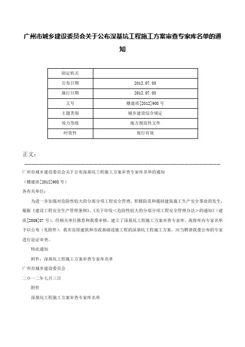 广州市城乡建设委员会关于公布深基坑工程施工方案审查专家库名单的通知-穗建质[2012]908号