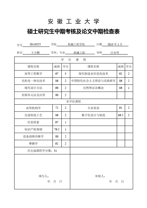 研究生中期考核个人小结安徽工业大学硕士研究生中期考核及论文中期检查表