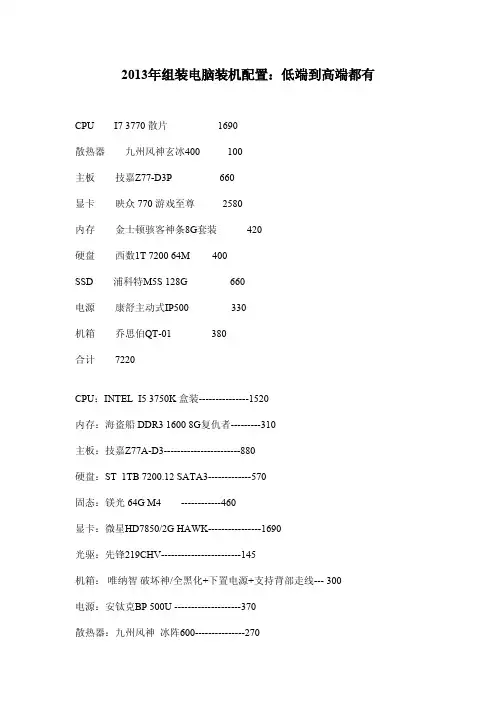 2013年组装电脑装机配置