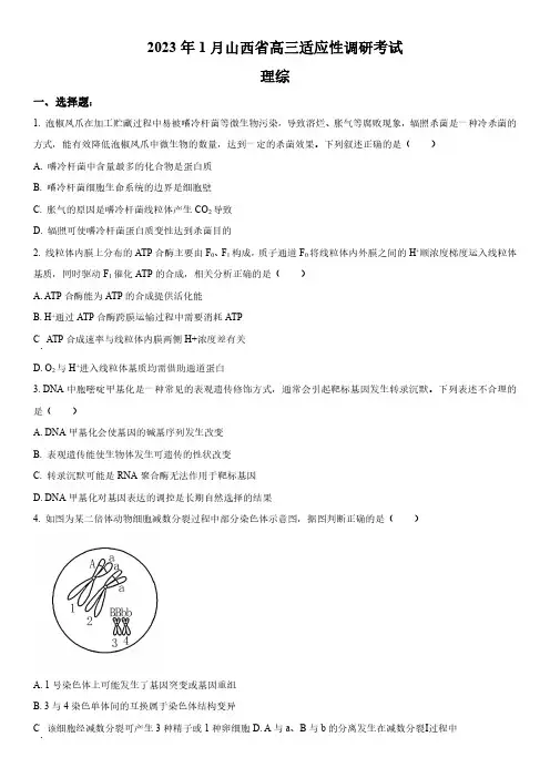 2023年山西省高三1月适应性调研考试(高考一模)理综生物试卷含详解