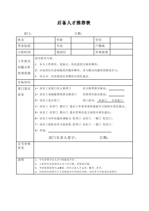 后备人才推荐表