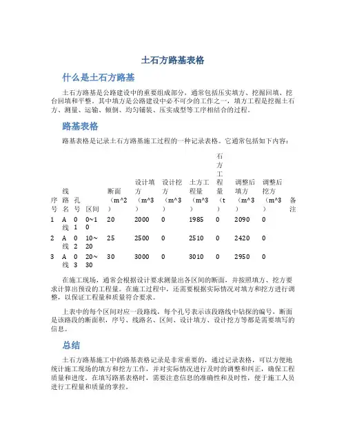 土石方路基表格