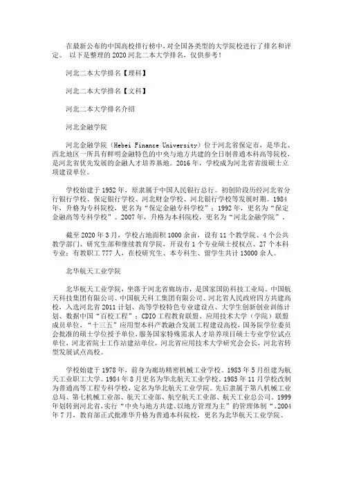 2020河北二本大学排名(最新)