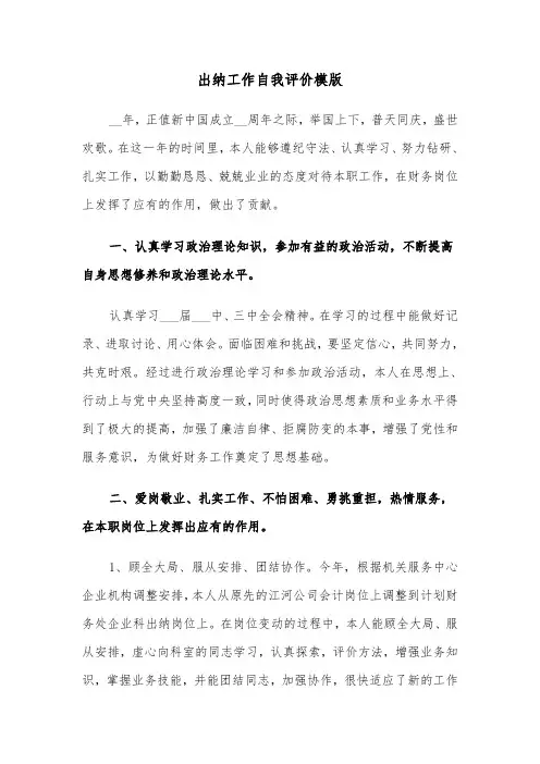 出纳工作自我评价模版（五篇）