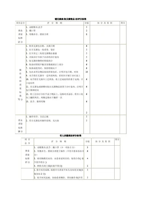 铺无菌盘（取无菌物品）法评分标准