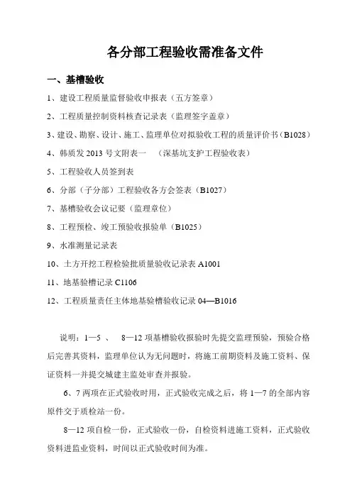 各分部工程验收需准备文件