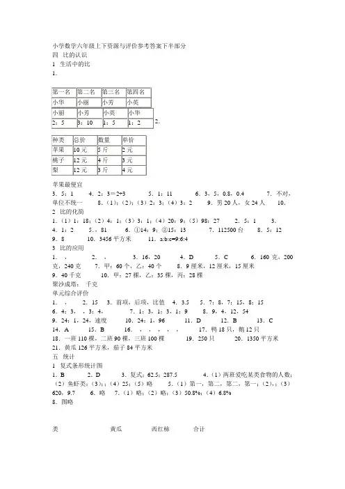 小学数学六年级上下资源与评价参考答案下半部分