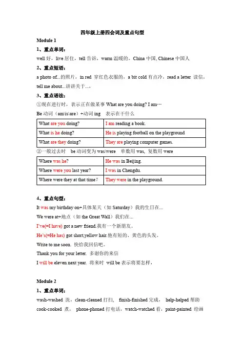 外研版小学英语(一年级起点)四年级上册四会词及重点句型