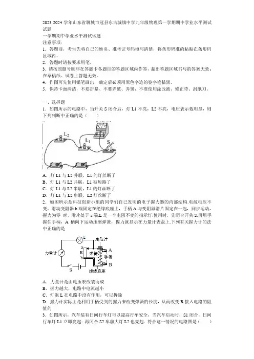 2023-2024学年山东省聊城市冠县东古城镇中学九年级物理第一学期期中学业水平测试试题含解析