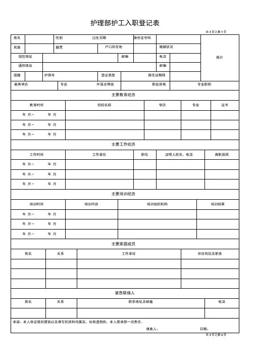 护理_部护工入职登记表格模板