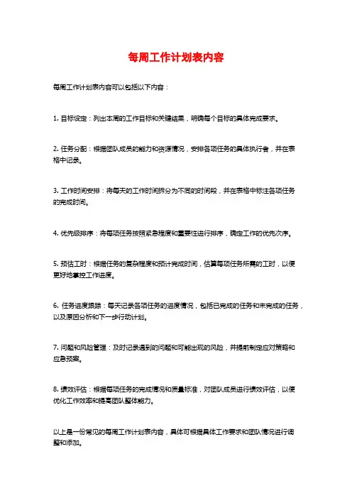 每周工作计划表内容