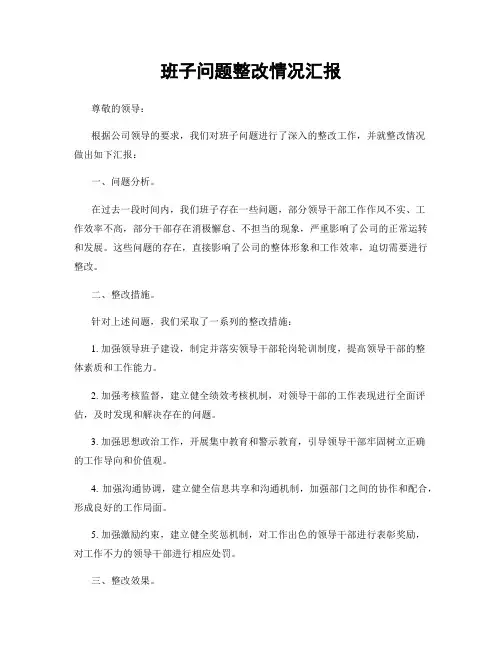 班子问题整改情况汇报