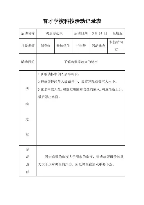 科学课外活动记录表