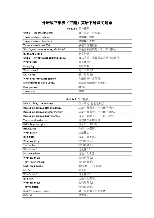 外研版英语三年级(三起)下册课文翻译精校版