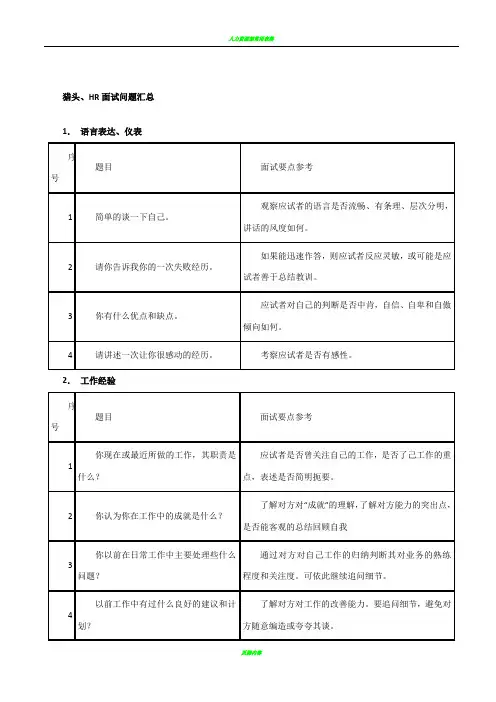 HR面试问题汇总(表格)