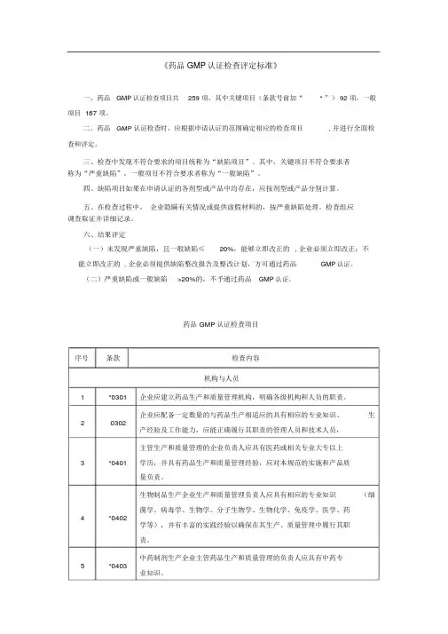 GMP认证检查评定标准