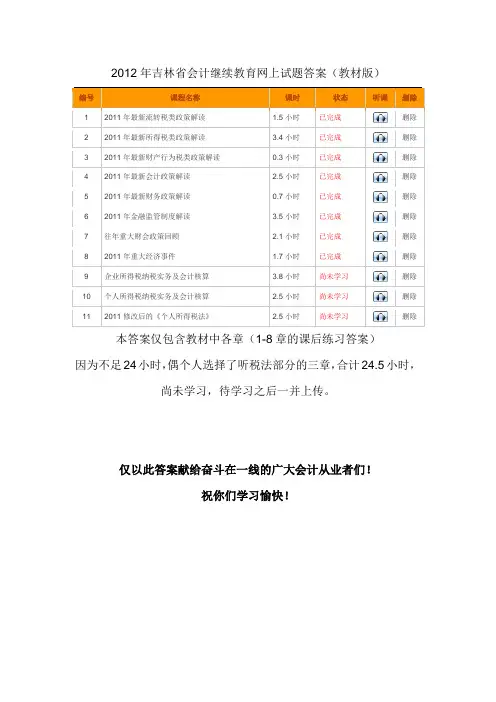 2012年吉林省会计继续教育网上试题答案(教材版)