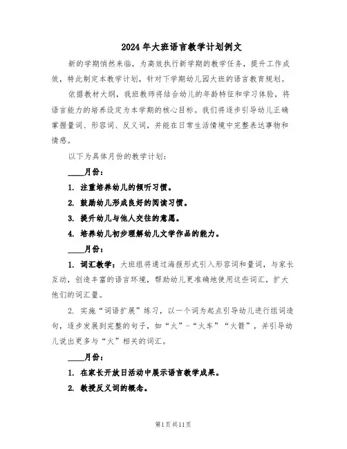 2024年大班语言教学计划例文（五篇）
