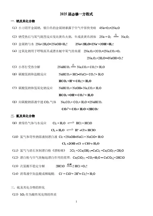 2024-2025学年高一化学期末复习方程式
