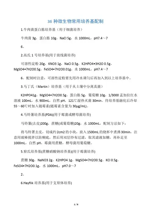 36种常用微生物培养基配制汇总