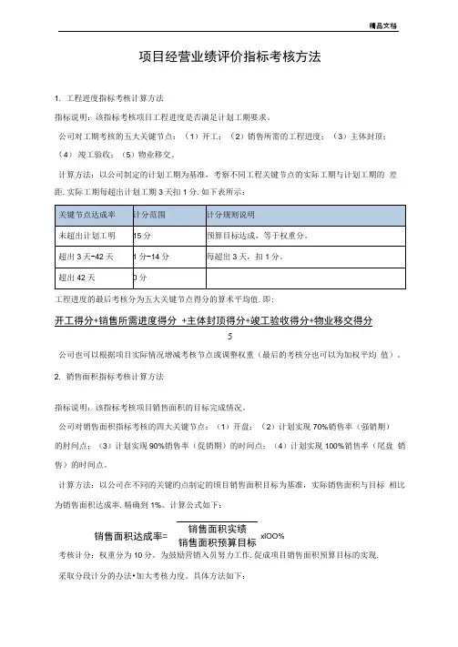 房地产公司项目经营业绩评价指标考核方法