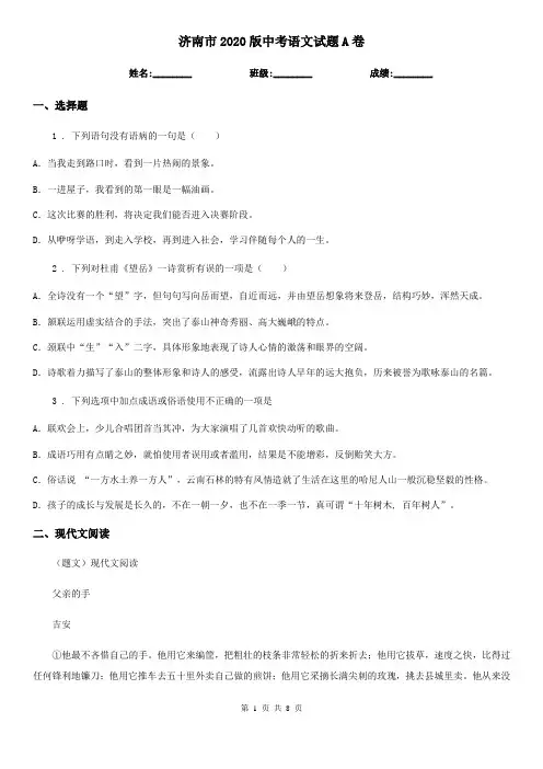 济南市2020版中考语文试题A卷