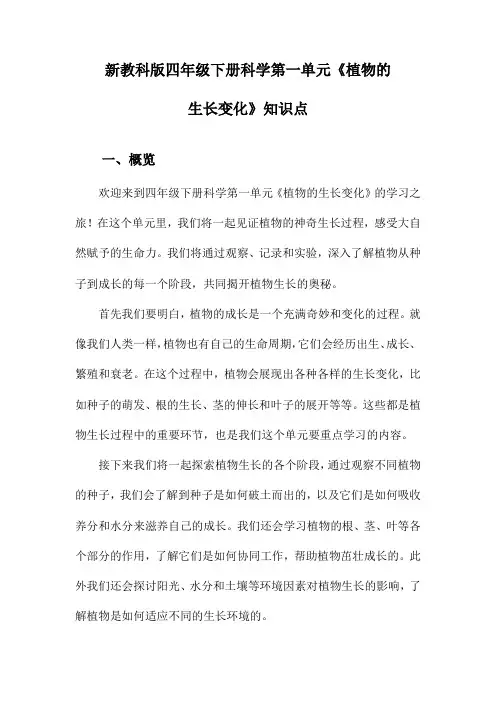 新教科版四年级下册科学第一单元《植物的生长变化》知识点
