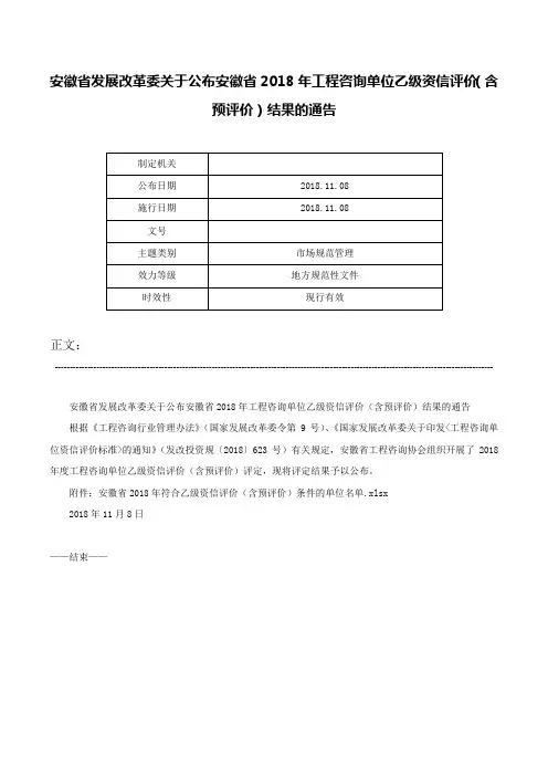 安徽省发展改革委关于公布安徽省2018年工程咨询单位乙级资信评价（含预评价）结果的通告-